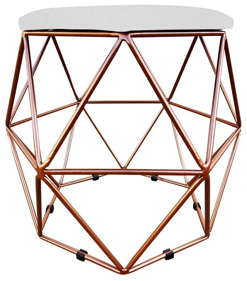 Puff Aramado Hexagono Decorativo Industrial Cobre com Sintético Branco