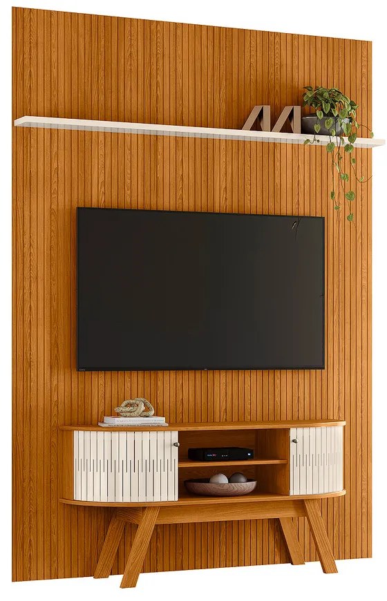 Painel TV 65 Pol 179cm Ripado Valen e Rack Bancada Rylan Cinamomo/Off White M20 - D'Rossi