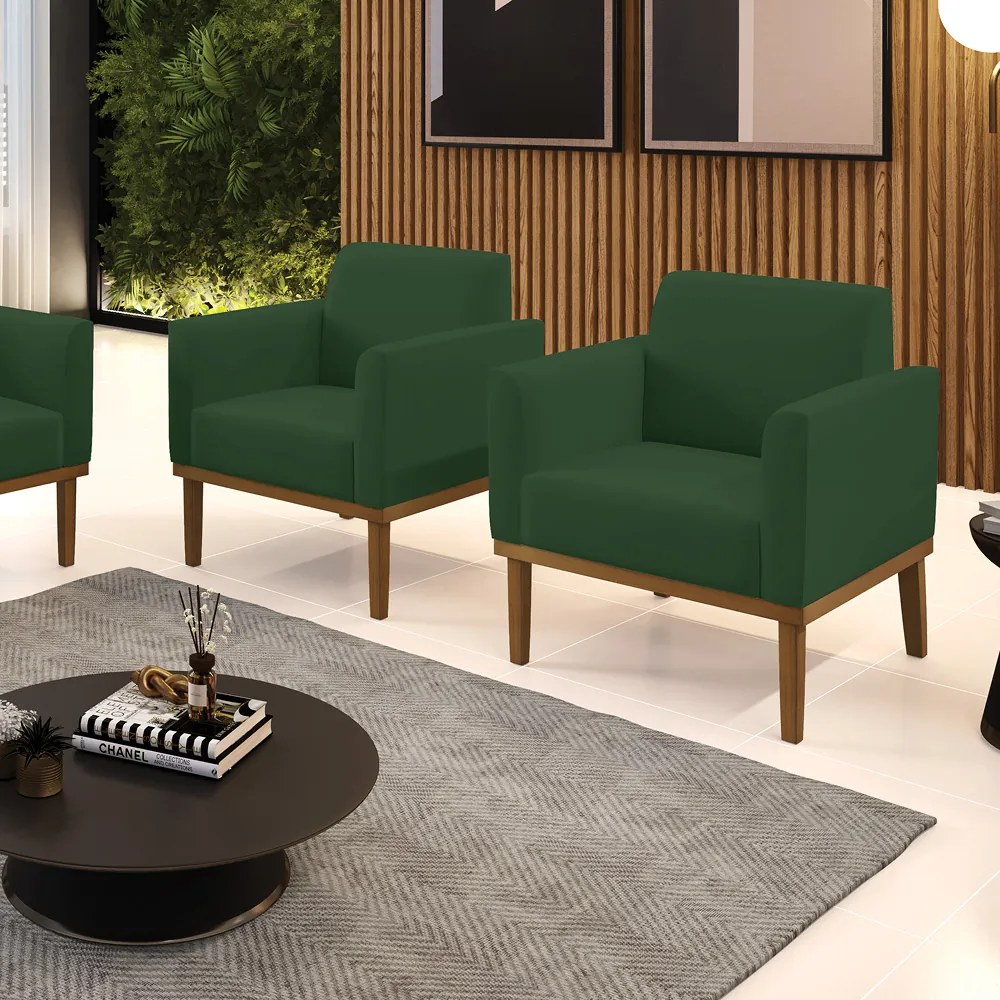 Kit 2 Poltronas Decorativas Isabella Pés Fixo em Madeira Castanho Veludo Verde Esmeralda G19 - Gran Belo