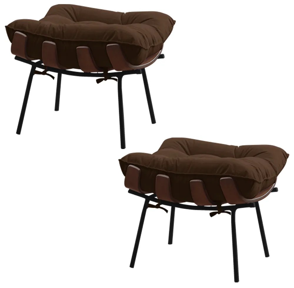 Kit 2 Puffs Decorativos Sala de Estar Abel Base de Madeira Preto Suede Marrom G41 - Gran Belo