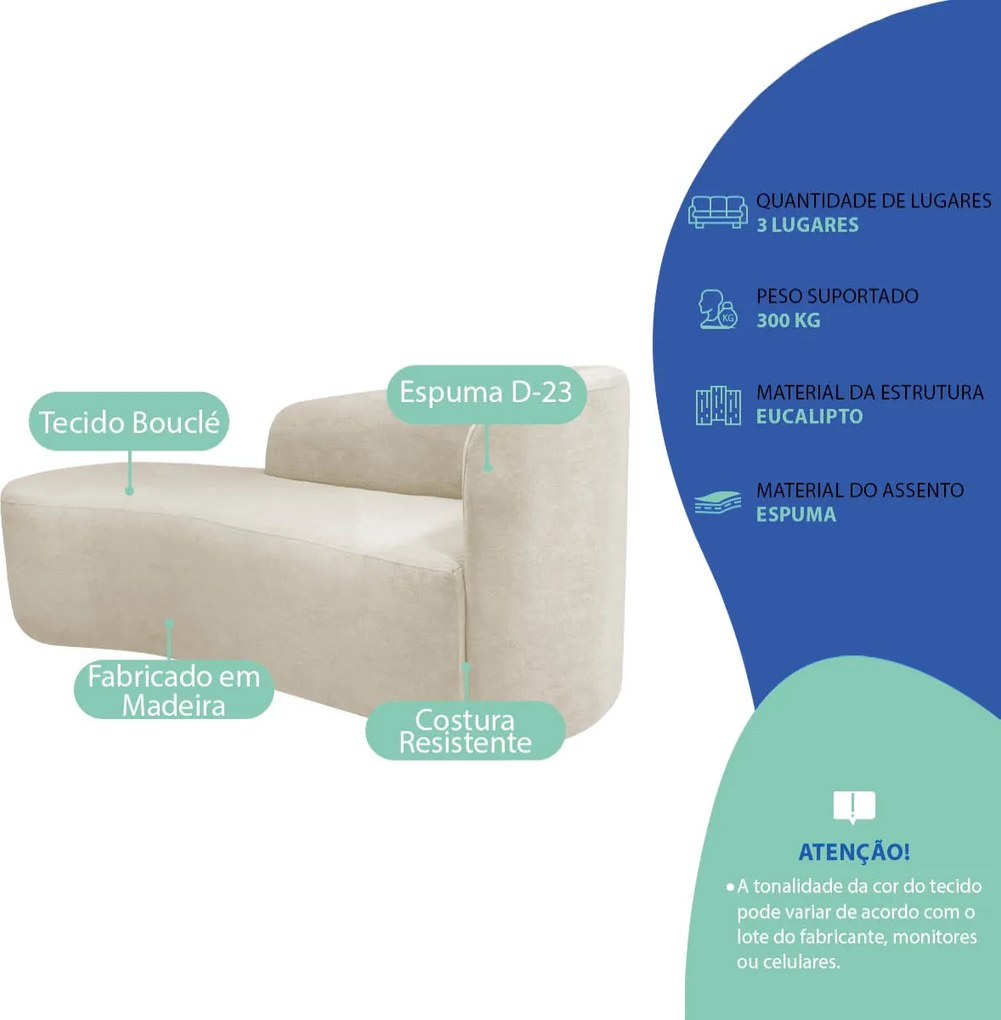 Kit Divã Recamier Orgânico França 200cm Lado Esquerdo e 2 Poltronas Amore Bouclé