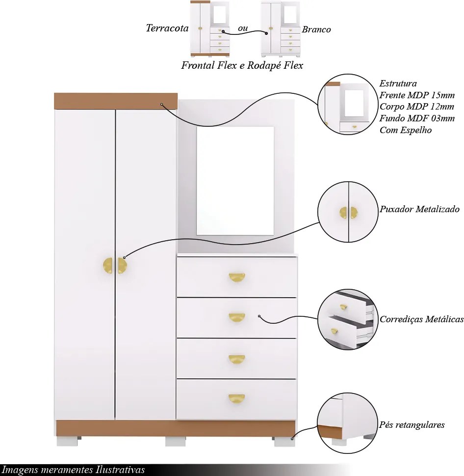 Cômoda Roupeiro Allure 2 Portas 4 Gavetas e Espelho Frontal e Rodapé Flex Branco/Terracota G98 - Gran Belo