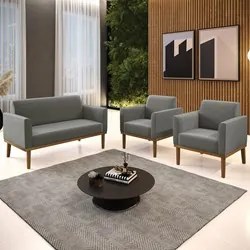 Sofá Namoradeira e 2 Poltronas Base Madeira Castanho Maressa Suede Gra