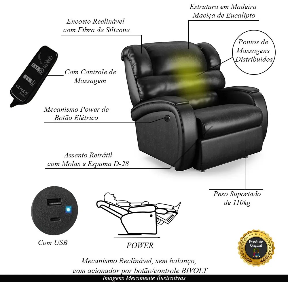 Poltrona do Papai Sala de Cinema Reclinável Kylie Power Elétrica Massagem USB PU Preto Brilho G23