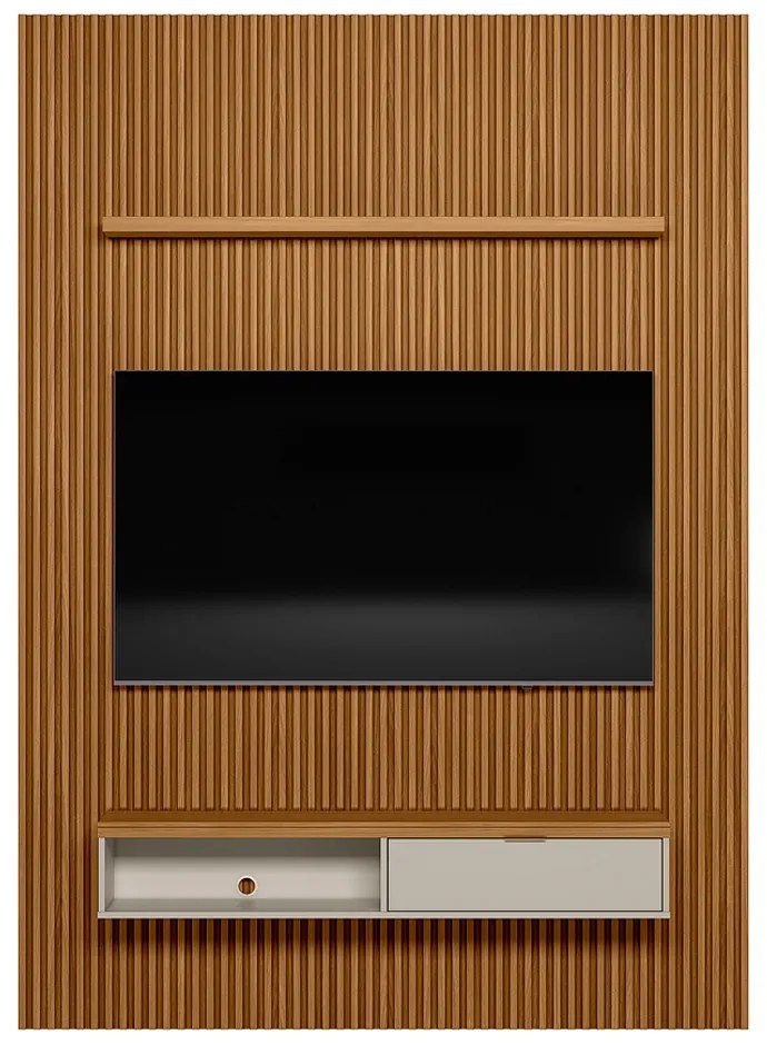 Painel para TV até 75 Polegadas Ripado Marisa com Nicho Bancada Nature e Off White 180x250 cm L04 - D'Rossi