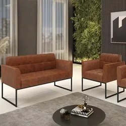 Sofá Namoradeira e 1 Poltrona Base Industrial Preto Ana Sintético PU N