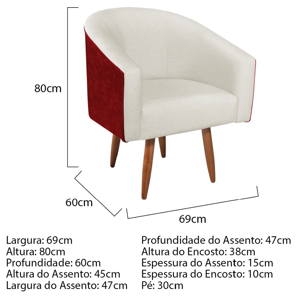 Kit 02 Poltronas Luiza Pés Palito Factor Vermelho e Linho - ADJ Decor