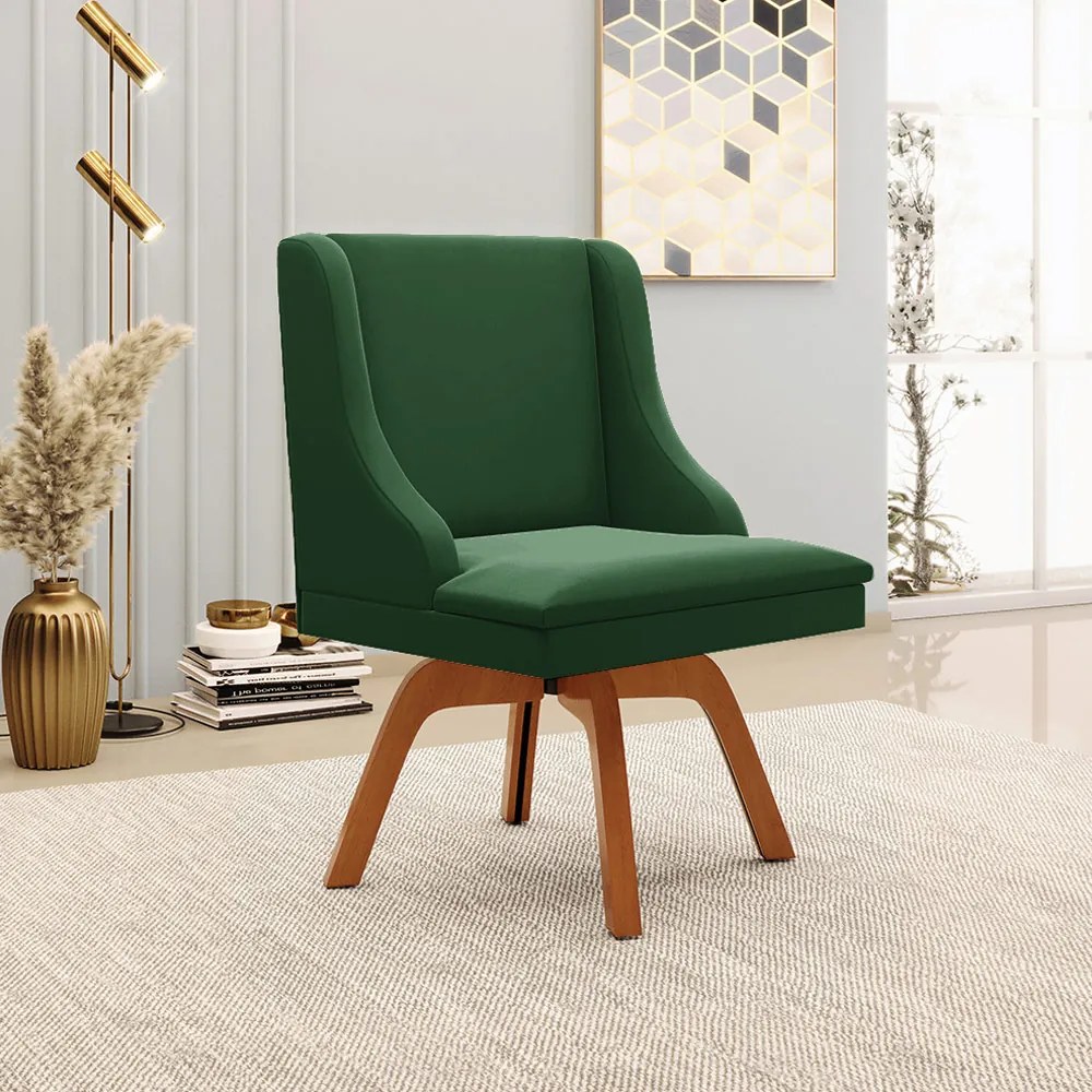 Poltrona Decorativa Base Giratória de Madeira Firenze Veludo Verde/Natural G19 - Gran Belo
