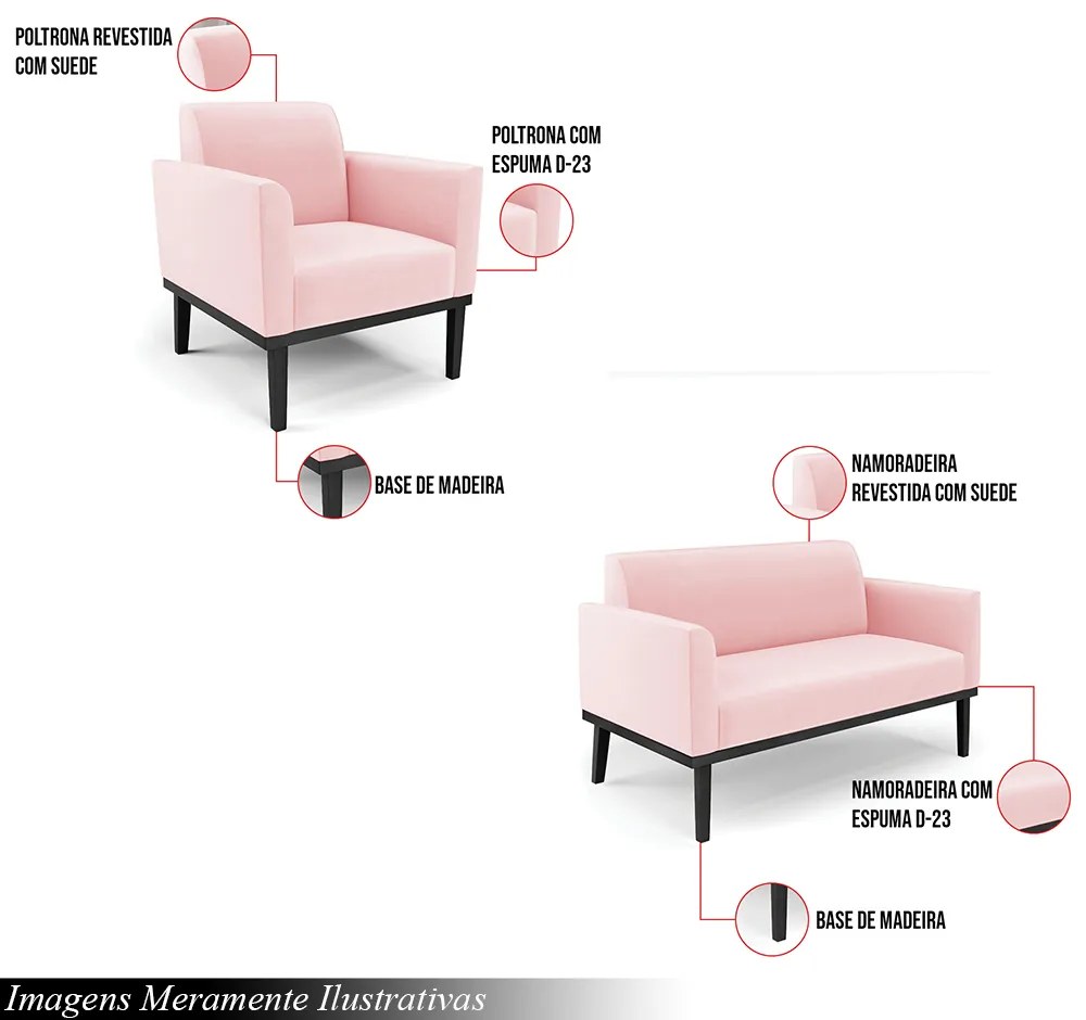 Conjunto 2 Poltronas e 1 Namoradeira Decorativa Isabella Pés Fixo em Madeira Preto Suede Rosa Bebê G19 - Gran Belo