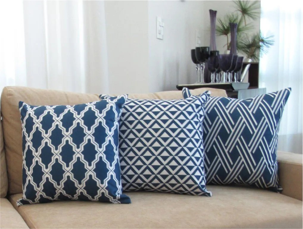 3 Capas para Almofadas Soft Veludo Geométrico Azul 43x43cm