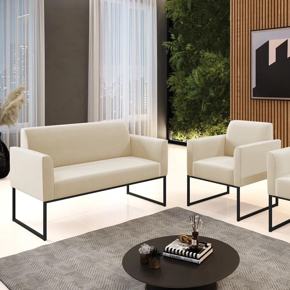 Sofá Namoradeira com Poltrona Base Industrial Preto Marisa Suede Bege D03 - D'Rossi