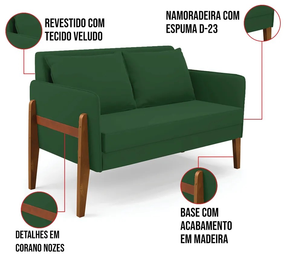 Sofá Namoradeira Lana Veludo Base de Madeira D03 - D'Rossi - Verde