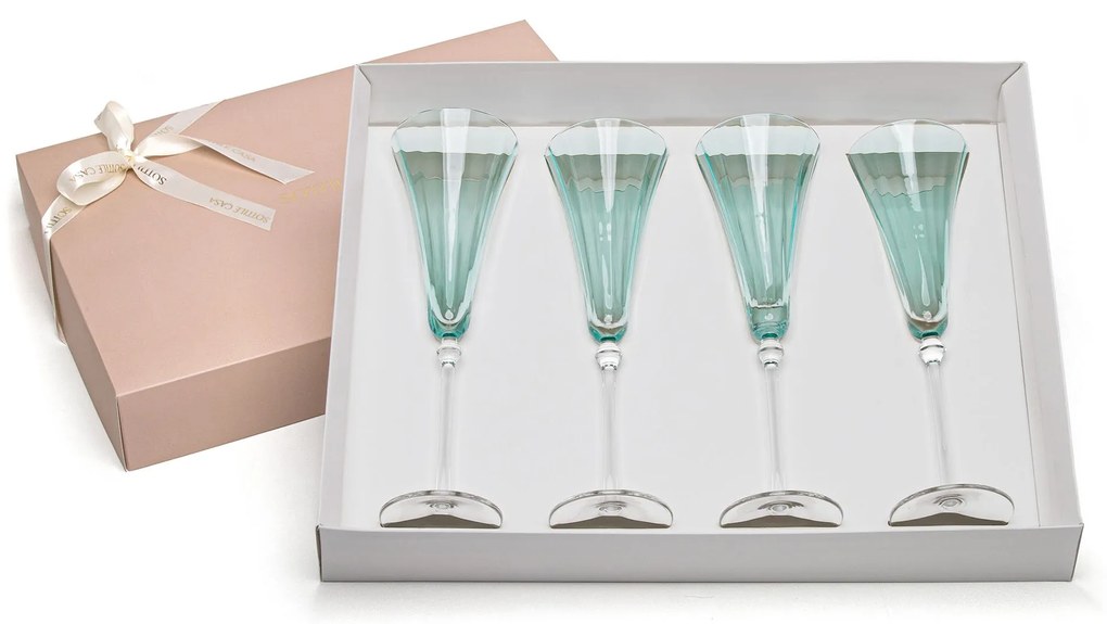 Jogo de 4 Taças de Cristal de Champagne Cielo 215ml c/ Caixa de Presente - Turquesa Turquesa