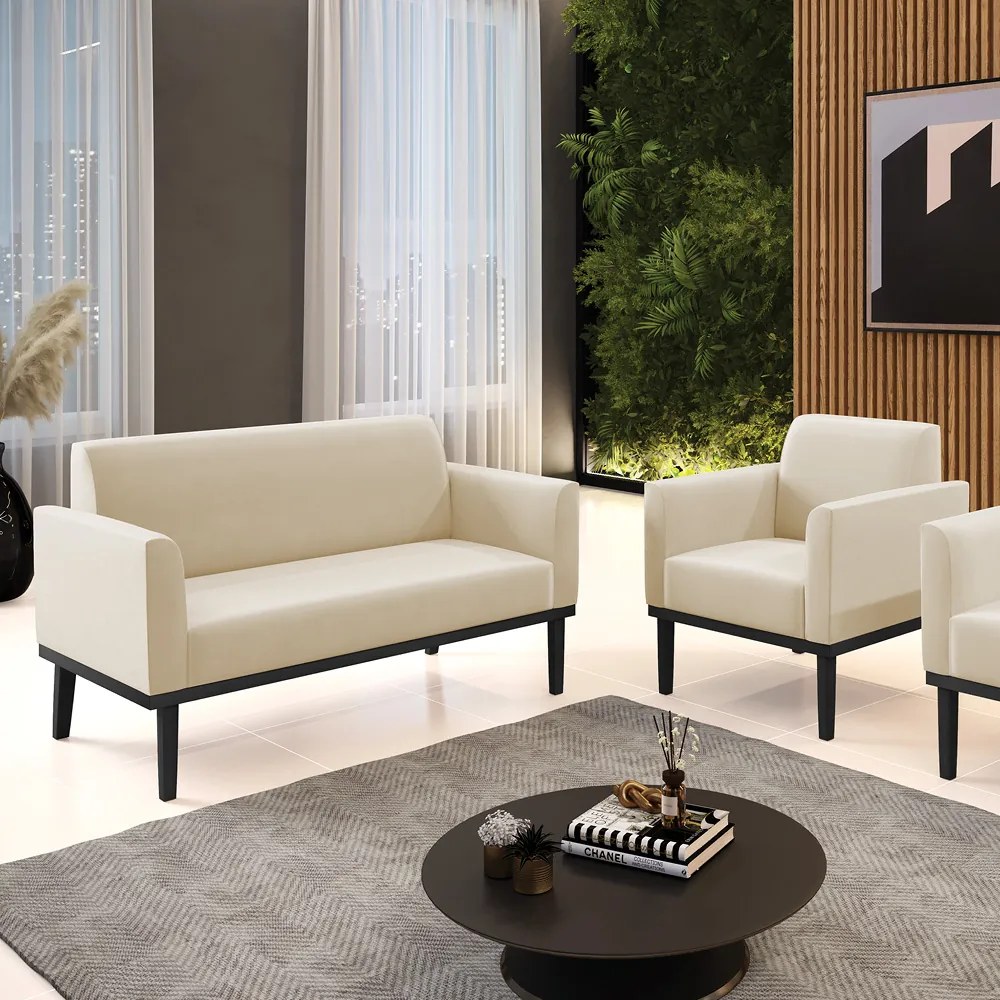Sofá Namoradeira com Poltrona Base de Madeira Fixa Preto Marisa Suede  D03 - D'Rossi - Bege