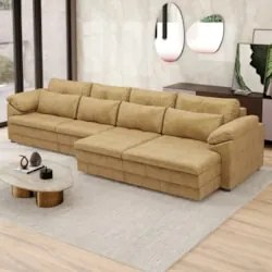 Sofá Retrátil 4 Lugares Para Sala 339cm Dijon Couro Bege S07 - Mpozena