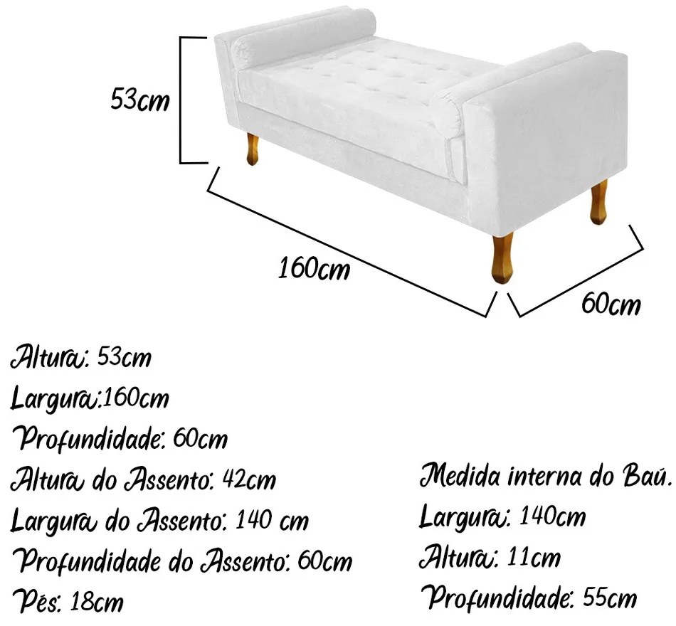 Recamier Baú Félix Queen Size 160cm Suede Branco - ADJ Decor