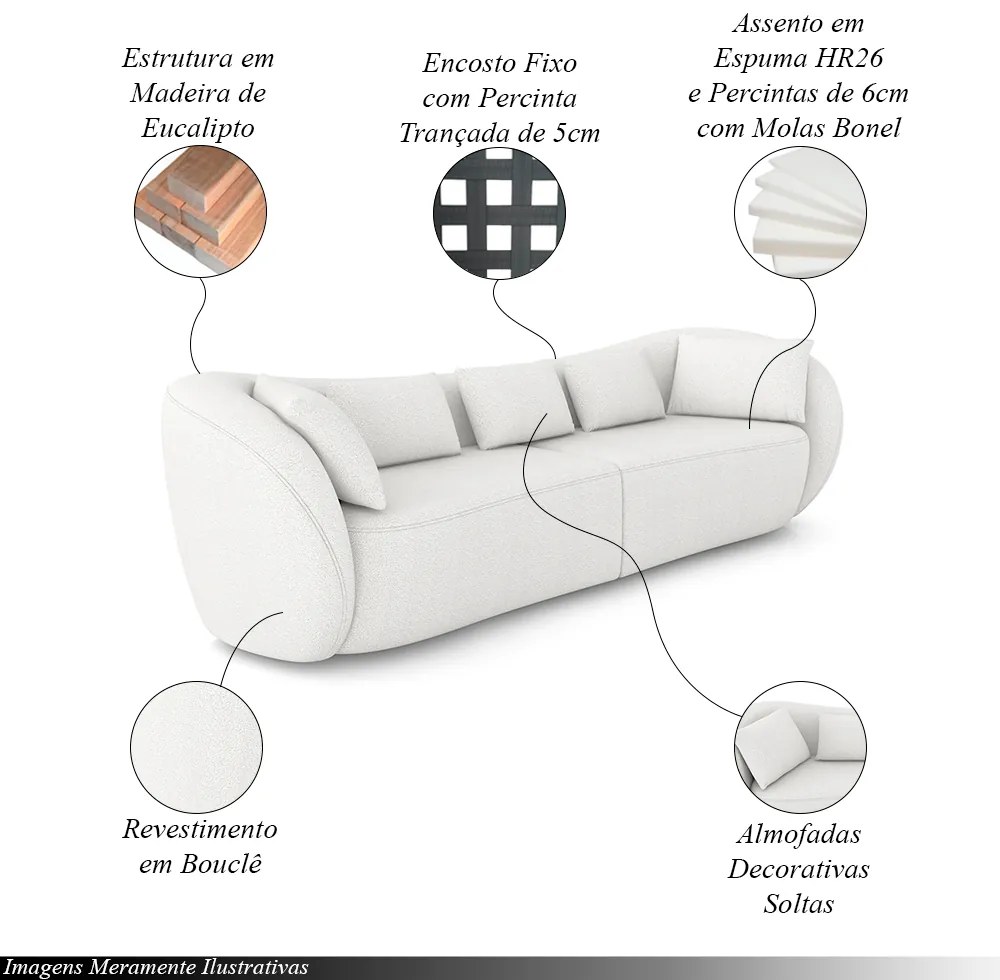 Sofá Bipartido Sala de Estar Diamond 252cm com Almofadas Soltas Bouclê Branco G52 - Gran Belo