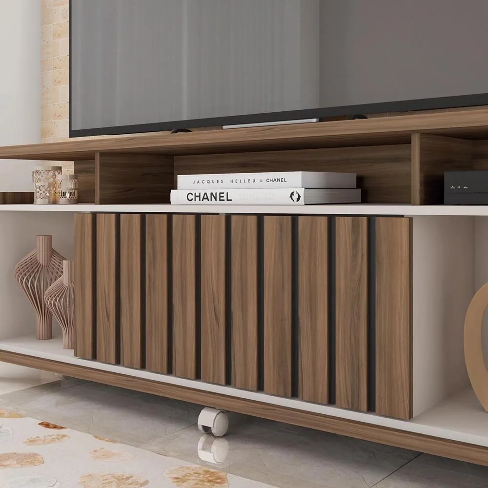 Rack TV 70 Pol 160cm Bancada com Rodízio Sala Thaissa Nogueira/Off White C01 - D'Rossi