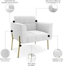 Poltrona Para Sala Pé Metal Dourado Kit 2 Ana Bouclé Off - Ibiza