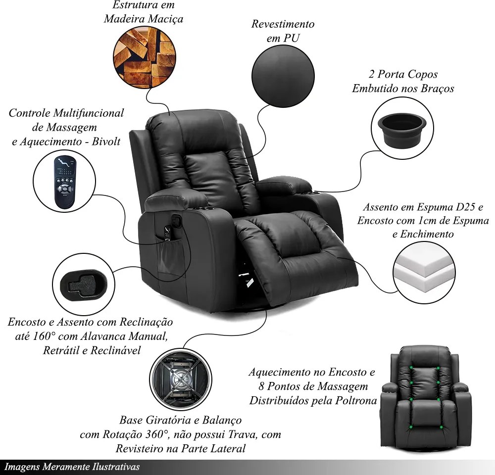 Poltrona do Papai Sala de Estar Austin Aquecimento Massagem Giratória Reclinável Manual PU Preta G94 - Gran Belo