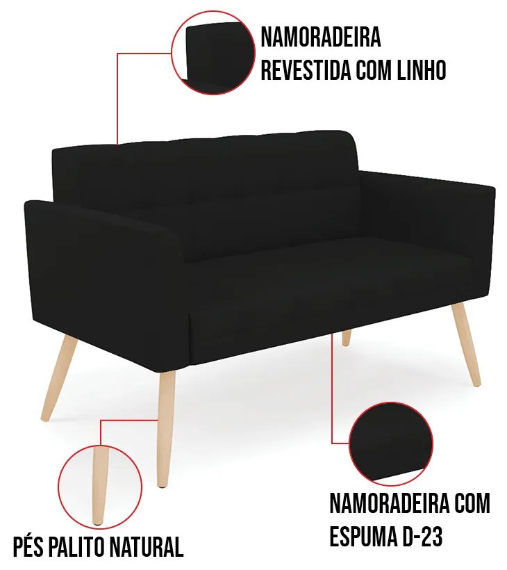 Kit 1 Sofá Namoradeira e 2 Poltronas Elisa Linho Pés Palito Natural D03 - D'Rossi - A79 Preto