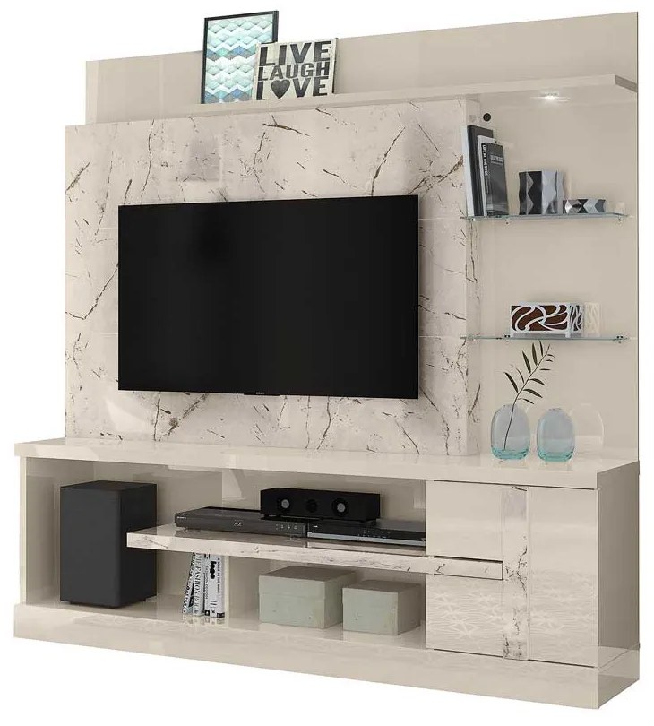 Home Theater Maxim Porta 2 Prateleiras Iluminação LED MDP até 55 Calacata/OffWhite G97 - Gran Belo