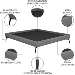 Cama Casal com Cabeceira 145cm Pés Metálicos Elisa S05 Linho Cinza - M