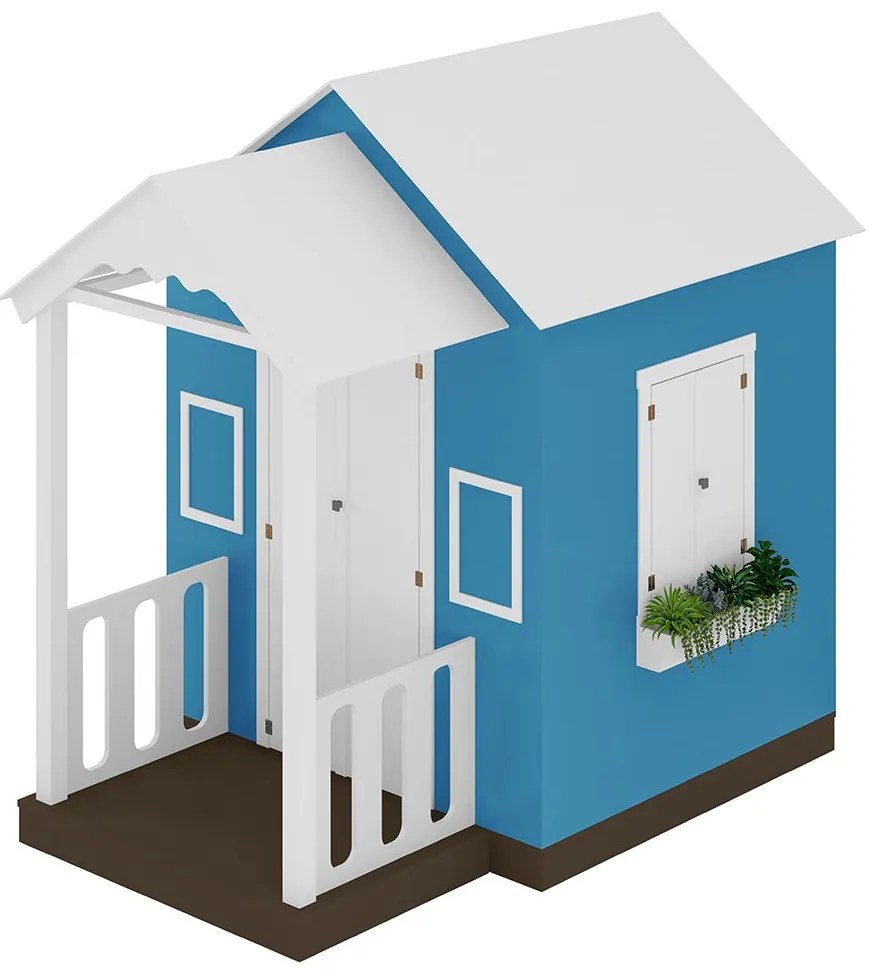 Casinha de Brinquedo MDF com Varanda Artesanal Branco/Azul Claro L12 - Gran Belo