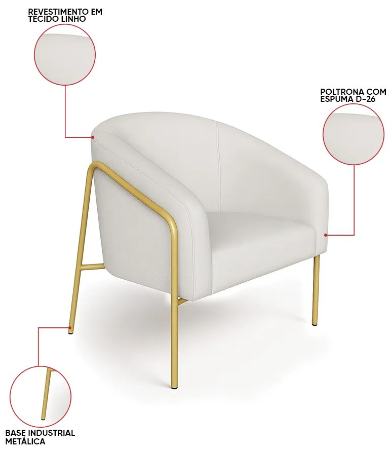 Poltrona Sala Industrial Alta Dourado Kit 2 Stella Linho D03 - D'Rossi - Cinza