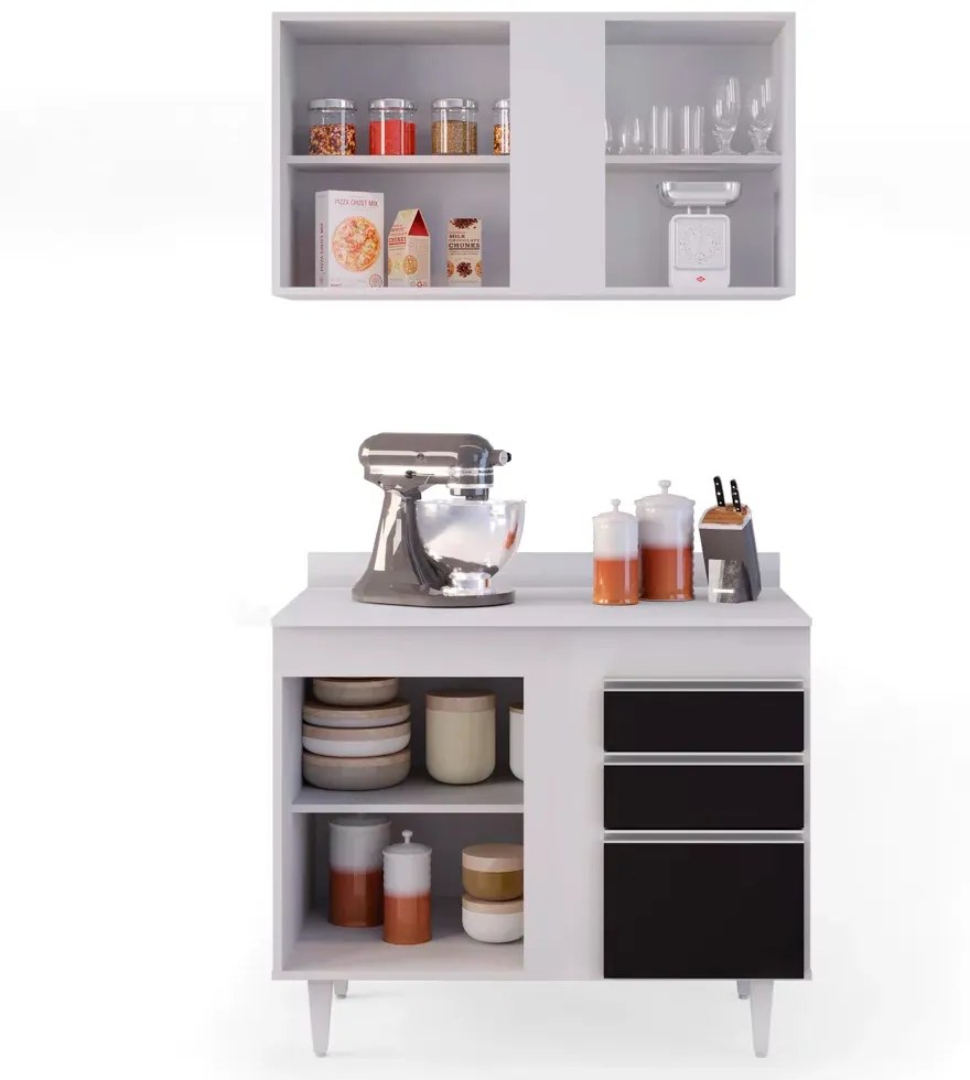 Kit Armário Aéreo e Balcão de Cozinha Lavanderia Aurora com Tampo 100cm L06 - D'Rossi  - Branco e Preto