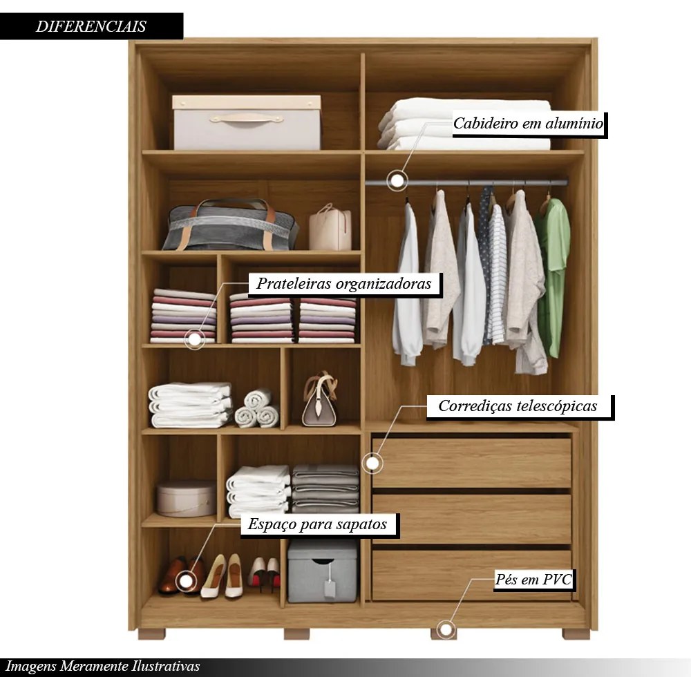 Guarda Roupa Orbit Solteiro com 4 Portas de Bater e 3 Gavetas MDF Buriti/Fendi G11 - Gran Belo