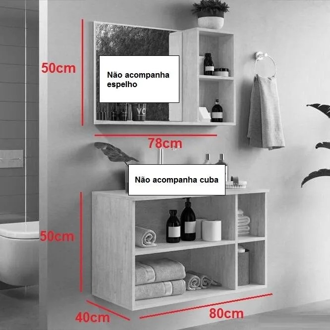 Gabinete Balcão Aéreo Para Banheiro Galla 80cm Sem Cuba E Espelho