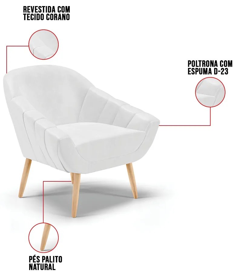 Kit 01 Namoradeira 02 Lugares e 01 Poltrona Giovana Corano Pés Palito Natural D01 - D'Rossi - Branco