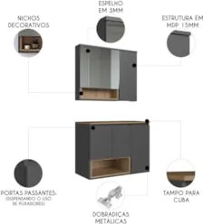 Gabinete Banheiro 80cm 3 Portas e Espelheira Taos Mel/Grafite F10 - Mp