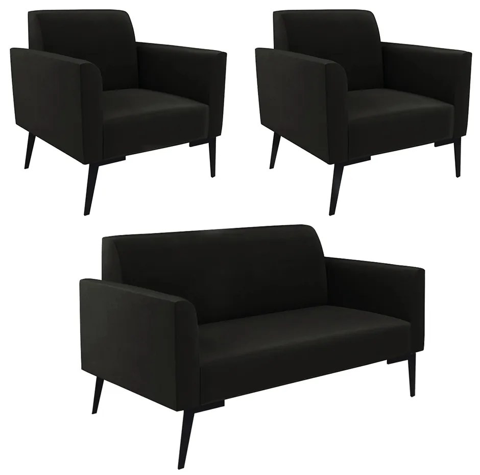 Sofá Namoradeira com 2 Poltronas Pés Villach Marisa Suede D03 - D'Rossi - Preto