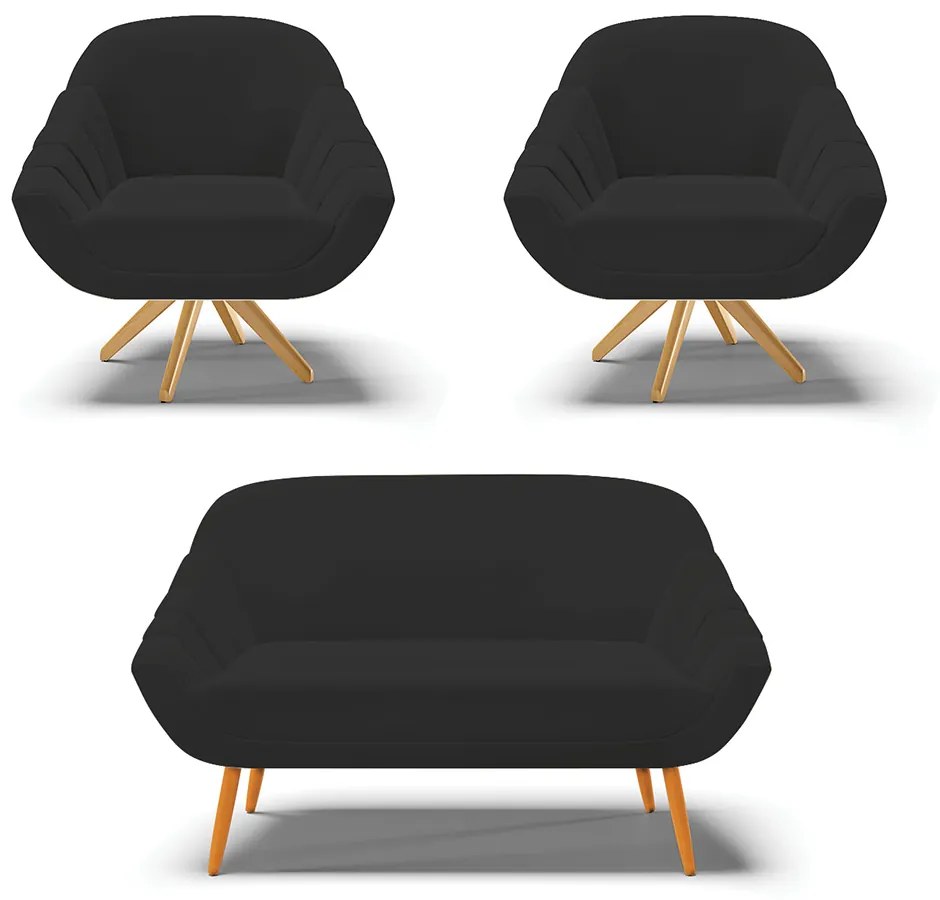 Kit 01 Namoradeira 02 Lugares e 02 Poltronas Giratória Giovana Veludo Base Madeira MA30 - D?Ros - Preto