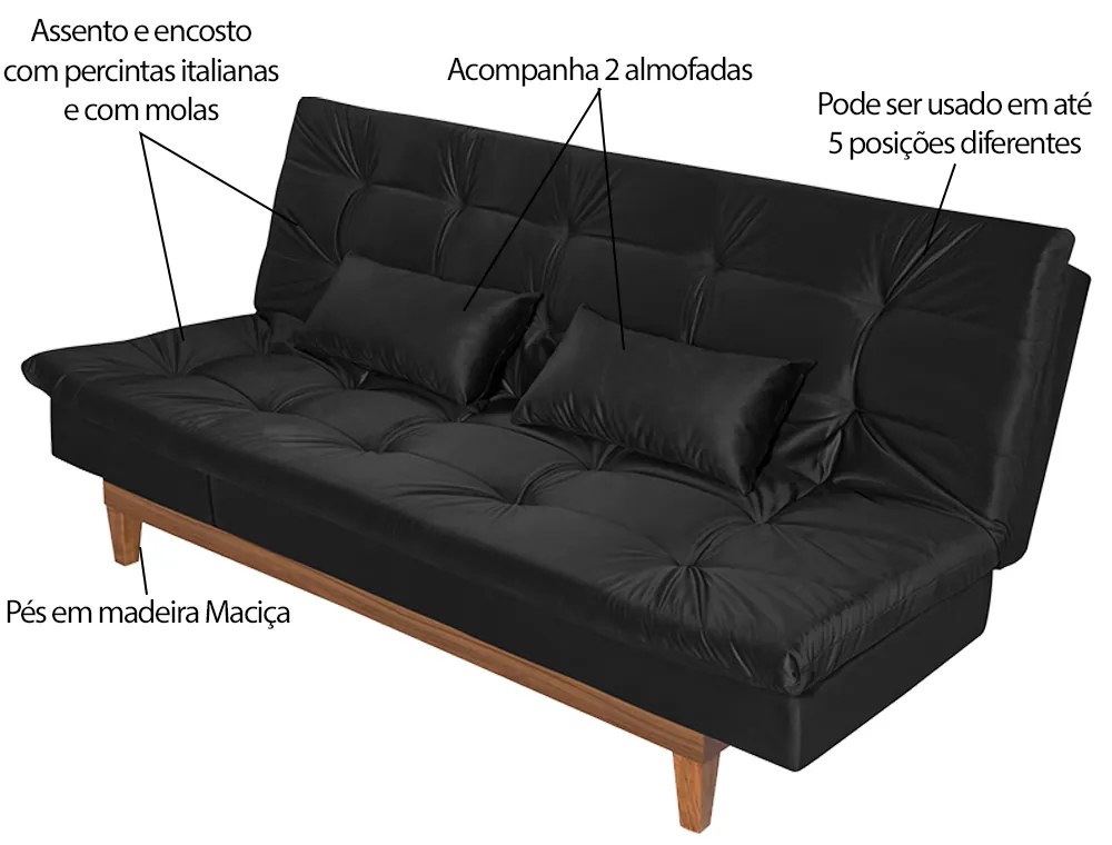 Sofá Cama Reclinável 2 Lugares Change Veludo Preto G30 - Gran Belo