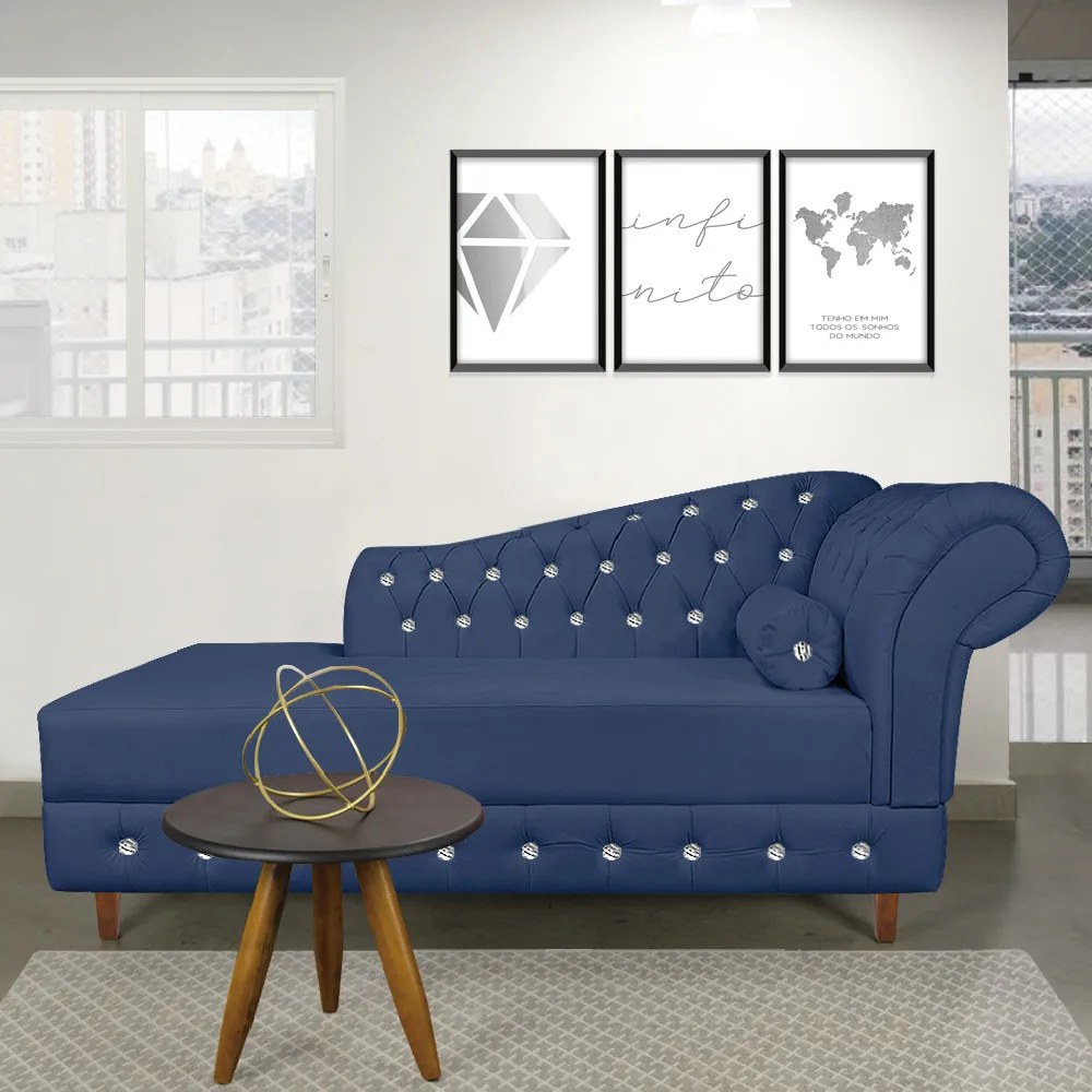 Divã Chesterfield 165 cm Capitonado com Strass Suede D'Rossi - Azul Marinho
