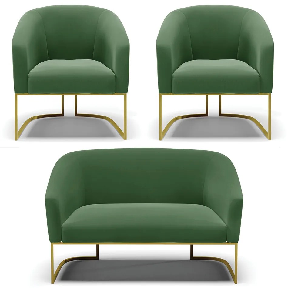 Namoradeira e 2 Poltronas Base Industrial Dourado Stella Suede D03 - D'Rossi - Verde