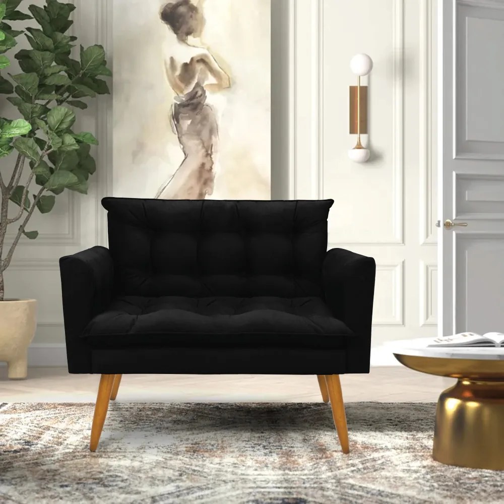 Kit 1 Sofá Namoradeira e 1 Poltrona Tais Suede Pés Palito Castanho - D'Rossi - Preto
