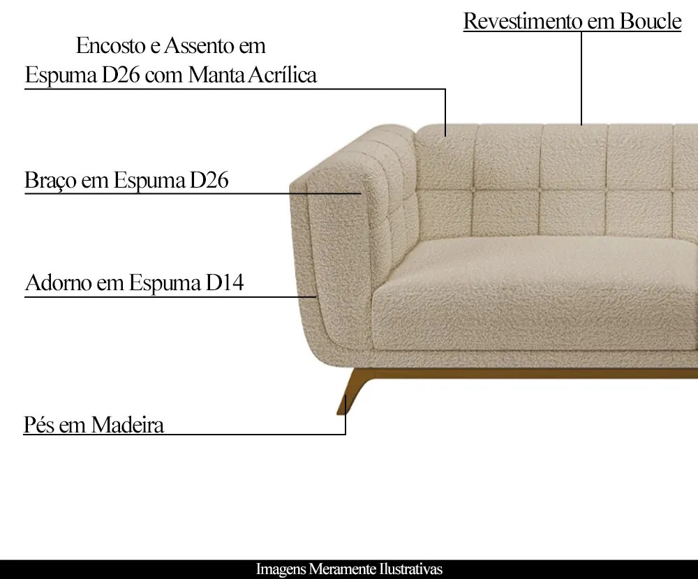 Sofá Decorativo Sala de Estar 180cm Rocket 2 Lugares Base Madeira Boucle Bege G45 - Gran Belo
