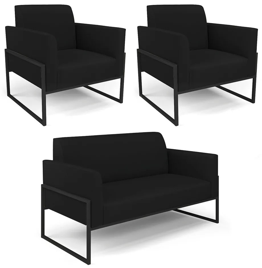 Sofá Namoradeira com 2 Poltronas Base Industrial Alta Preto Marisa Linho D03 - D'Rossi - A79 Preto