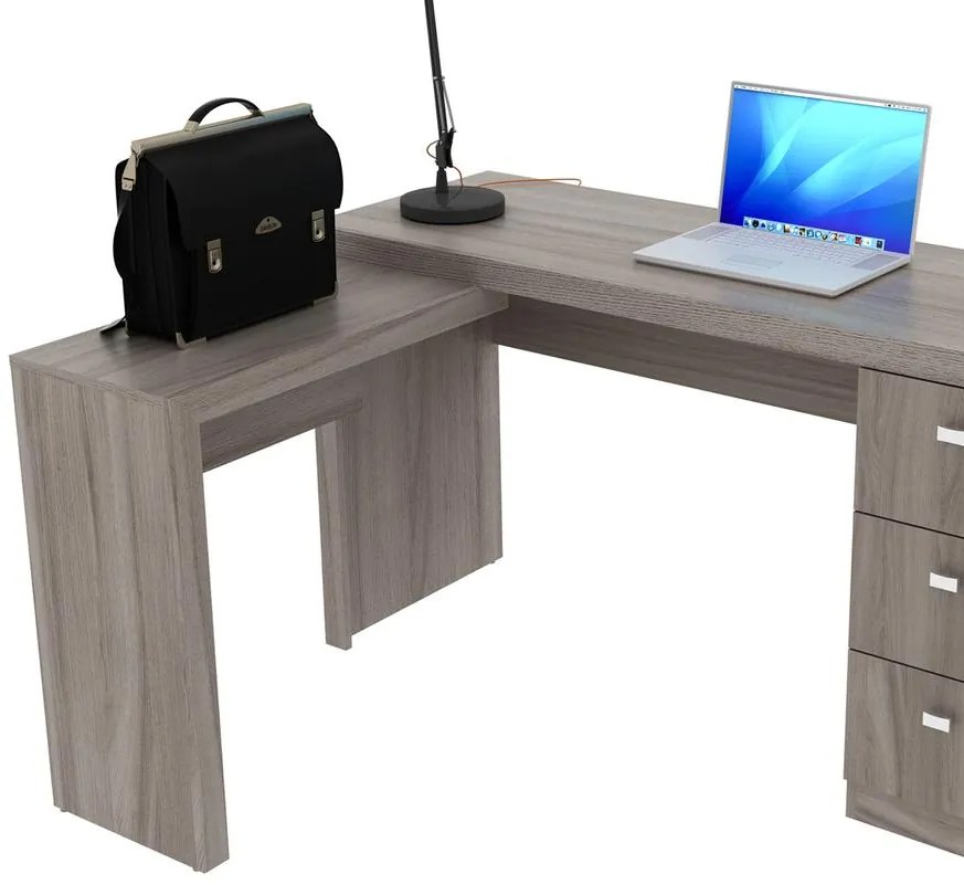 Escrivaninha Canto Escritório Home Office 3 Gavetas Carvalho
