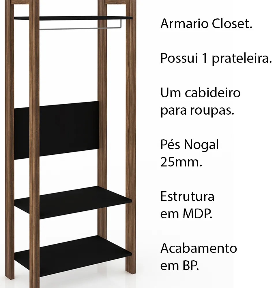 Armario Closet Aberto AZ1029 MDP Preto/Nogal G69 - Gran Belo