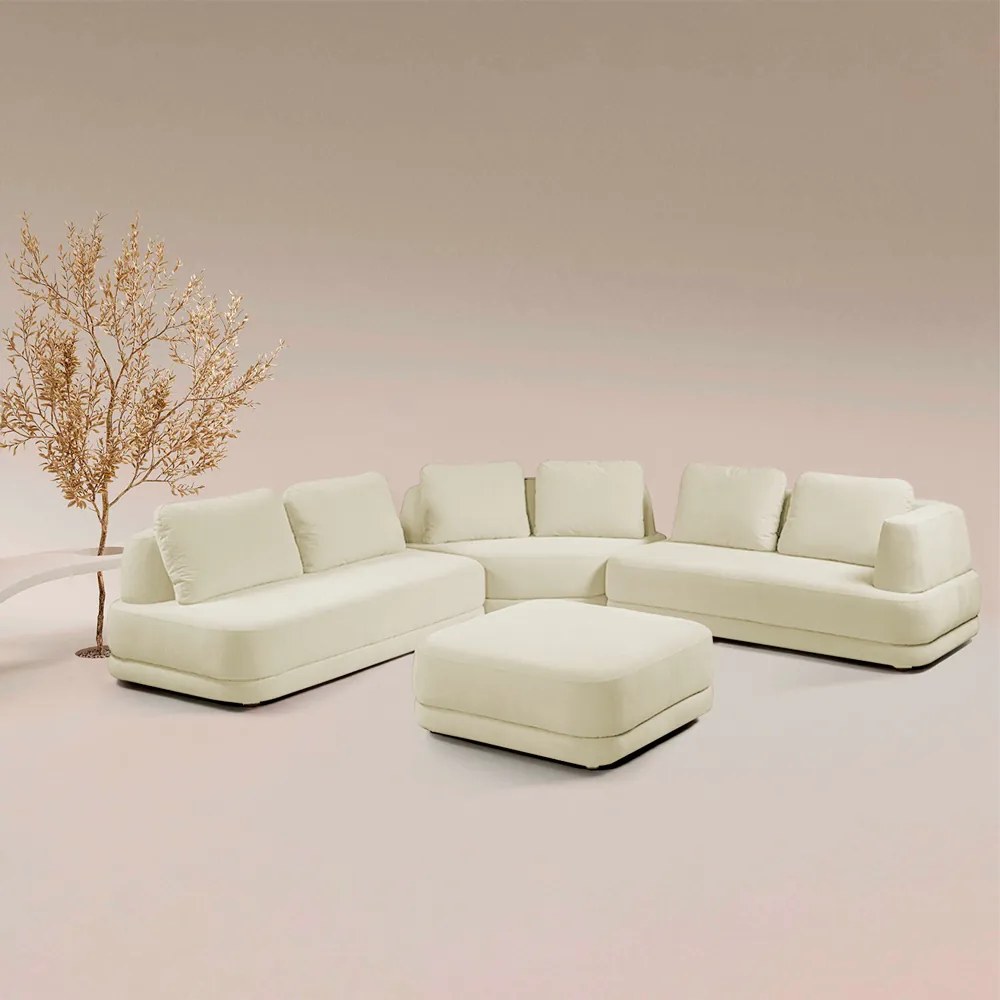 Sofá de Canto Modulado Vercelli 562cm com Almofadas Soltas e Puff Veludo Luxo Off White G92 - Gran Belo