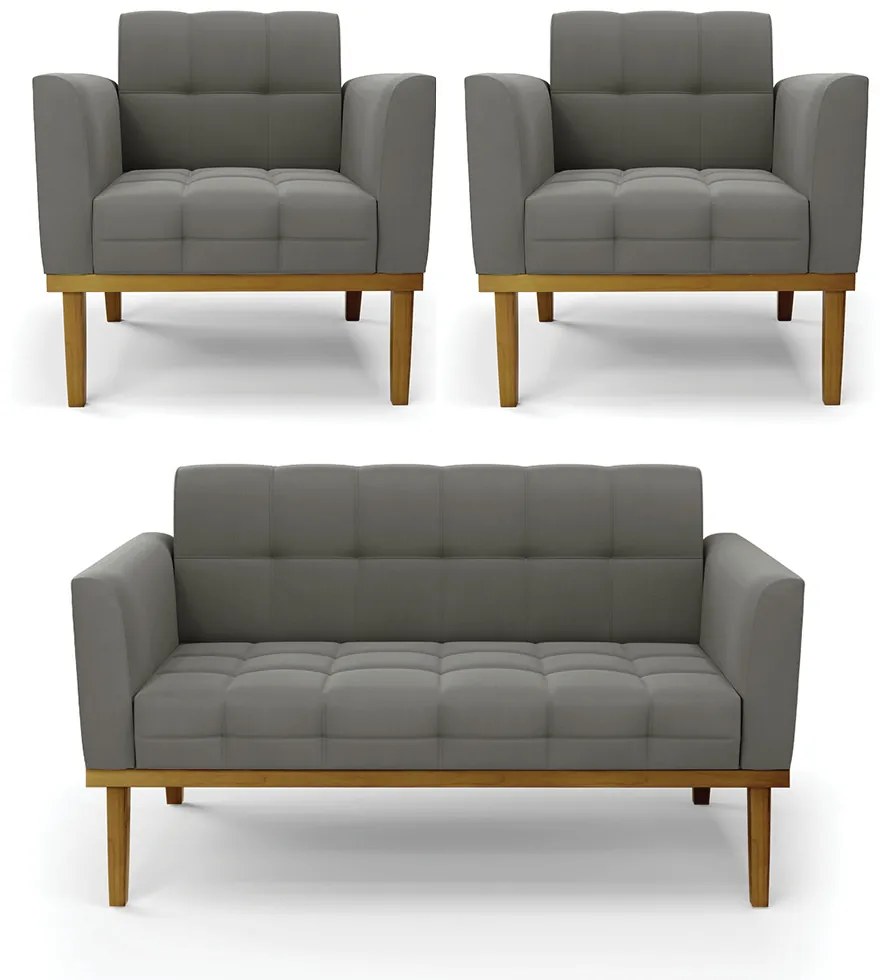 Conjunto 2 Poltronas e 1 Namoradeira Decorativa Karen Pés Fixo em Madeira Castanho Suede Grafite G19 - Gran Belo