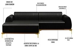 Sofá 230cm 4 Lugares com Chaise Esquerdo Pés Gold Molino B-159 Corano
