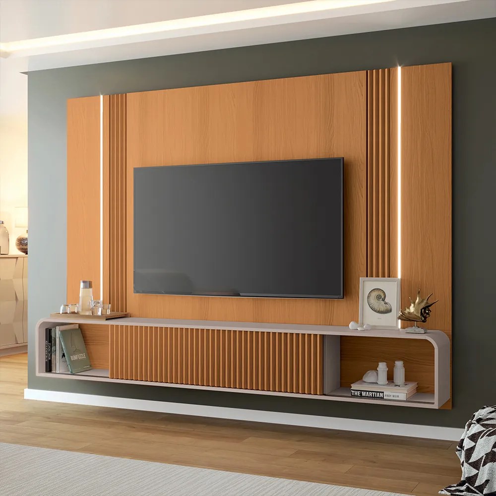 Conjunto Home Suspenso c/LED e Mesa de Centro Rennes MDF/MDP Cinamomo/Off White G26 - Gran Belo