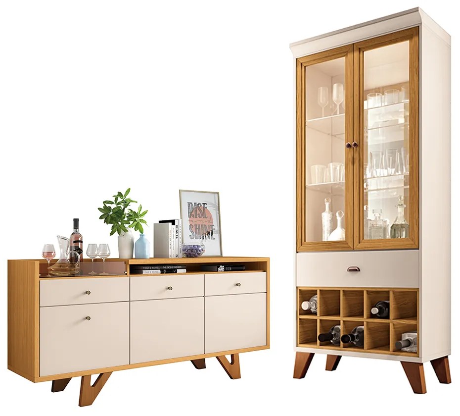 Conjunto Decorativo Cristaleira e Buffet Aparador Ópera/Sollare Off White/Cinamomo G26 - HB Móveis