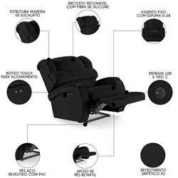 Poltrona do Papai Reclinável Kalie Power Touch USB FH9 PU Preto - Mpoz